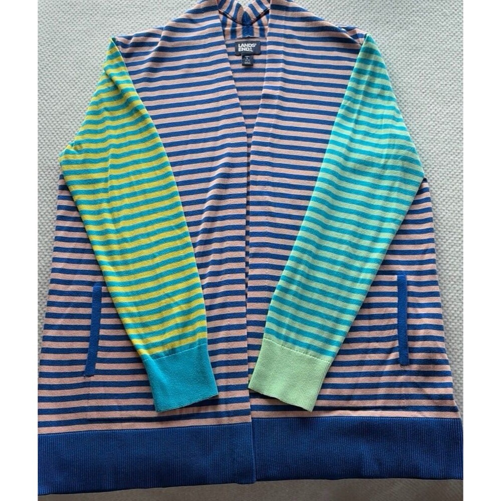 Landsโ End 100% Cotton Striped Cardigan Sweater Size L 14-16